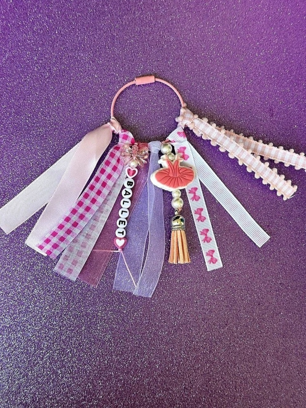 Pink & White Ballet Ribbon Charm Accessory keychain or bag charm Handmade